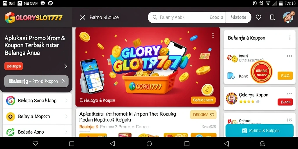Antarmuka aplikasi GLORYSLOT777 menampilkan berbagai promo menarik untuk berbelanja.