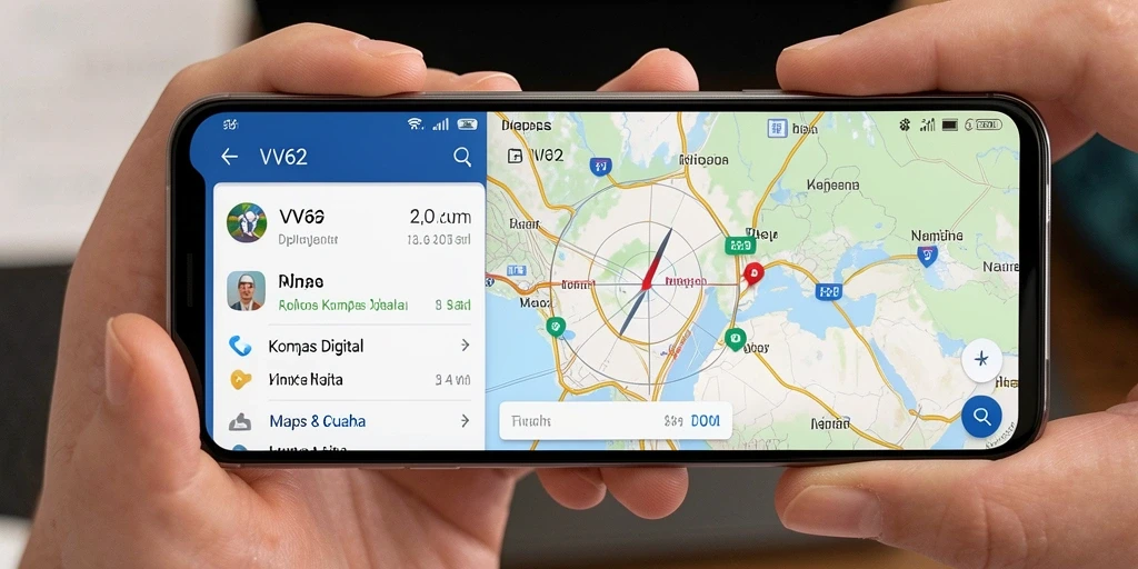 Screenshot VV62 menampilkan antarmuka kompas digital yang mudah digunakan.